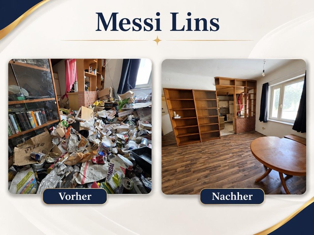 Messie-Entrümpelung Linz Vorher-Nachher: stark vollgestelltes Zimmer mit Gegenständen und Kartons vor der Räumung, danach aufgeräumter leerer Raum mit sichtbarem Regal und Holzboden