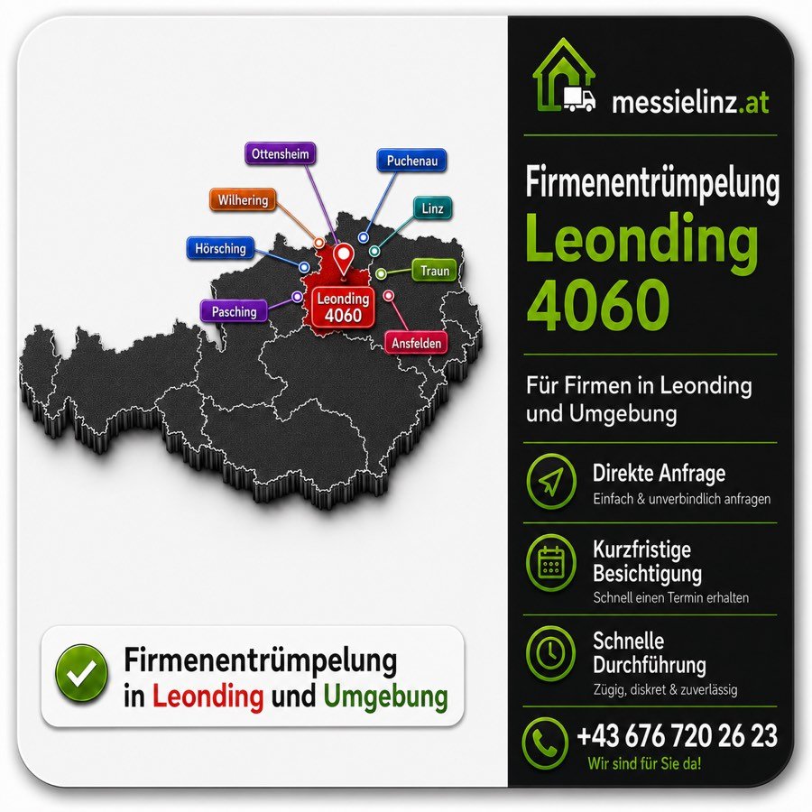 Firmenentrümpelung Leonding 4060: Servicegebiet-Karte mit Umkreis um Leonding und Kontaktinformationen