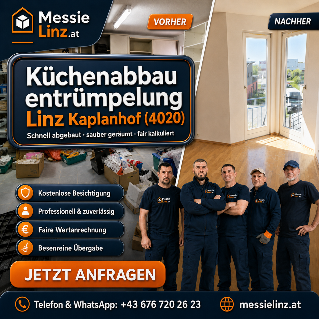 Küchenabbau entrümpelung Linz Kaplanhof 4020 – Küche vor dem Abbau und leerer Raum mit Balkon nach der Übergabe