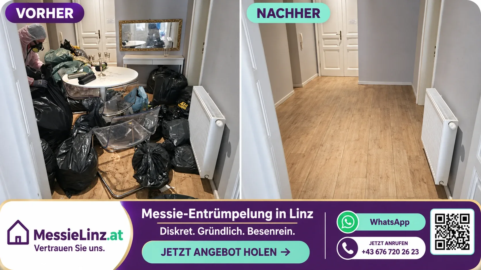 Messie-Entrümpelung in Linz und Umgebung – Vorher-Nachher-Vergleich einer professionellen Räumung mit besenreiner Übergabe