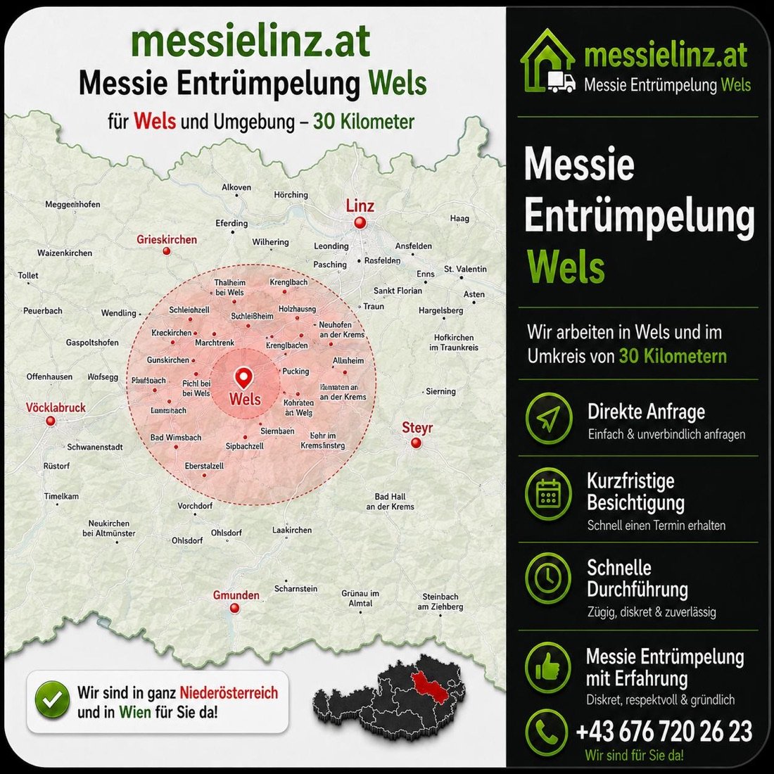 Messie Entrümpelung Wels: Servicegebiet-Karte mit 30-km-Umkreis rund um Wels