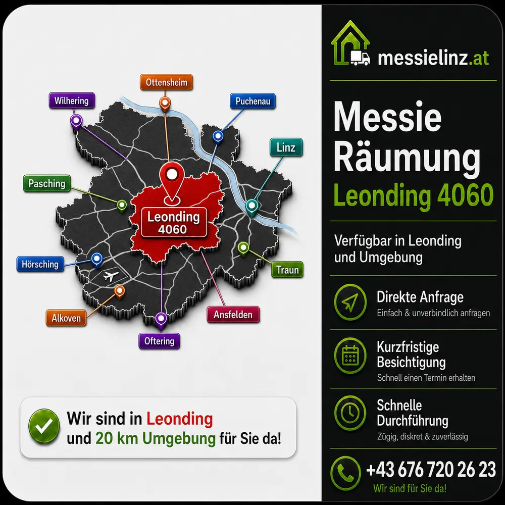 Messie Räumung Leonding 4060 – Servicegebiet Messie Räumung Leonding 4060: Servicegebiet-Karte mit Umkreis um Leonding und Kontaktinformationen